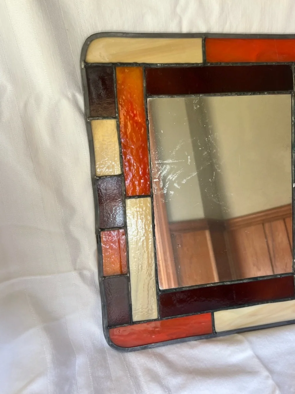 Stained Glass Framed Wall Mirror in Amber, Cream, and Burgundy